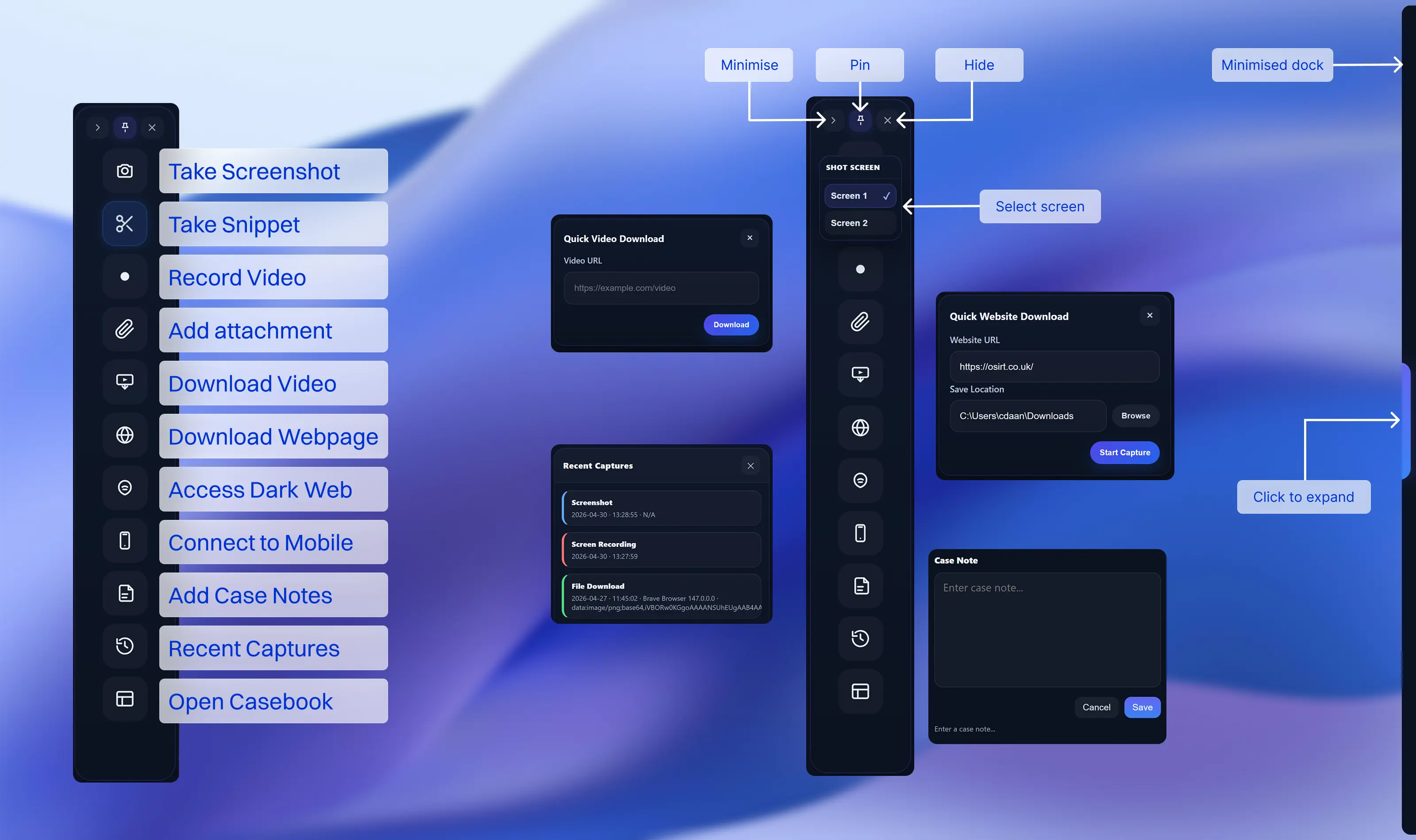 Full OSIRT Dock visible on screen as floating control panel